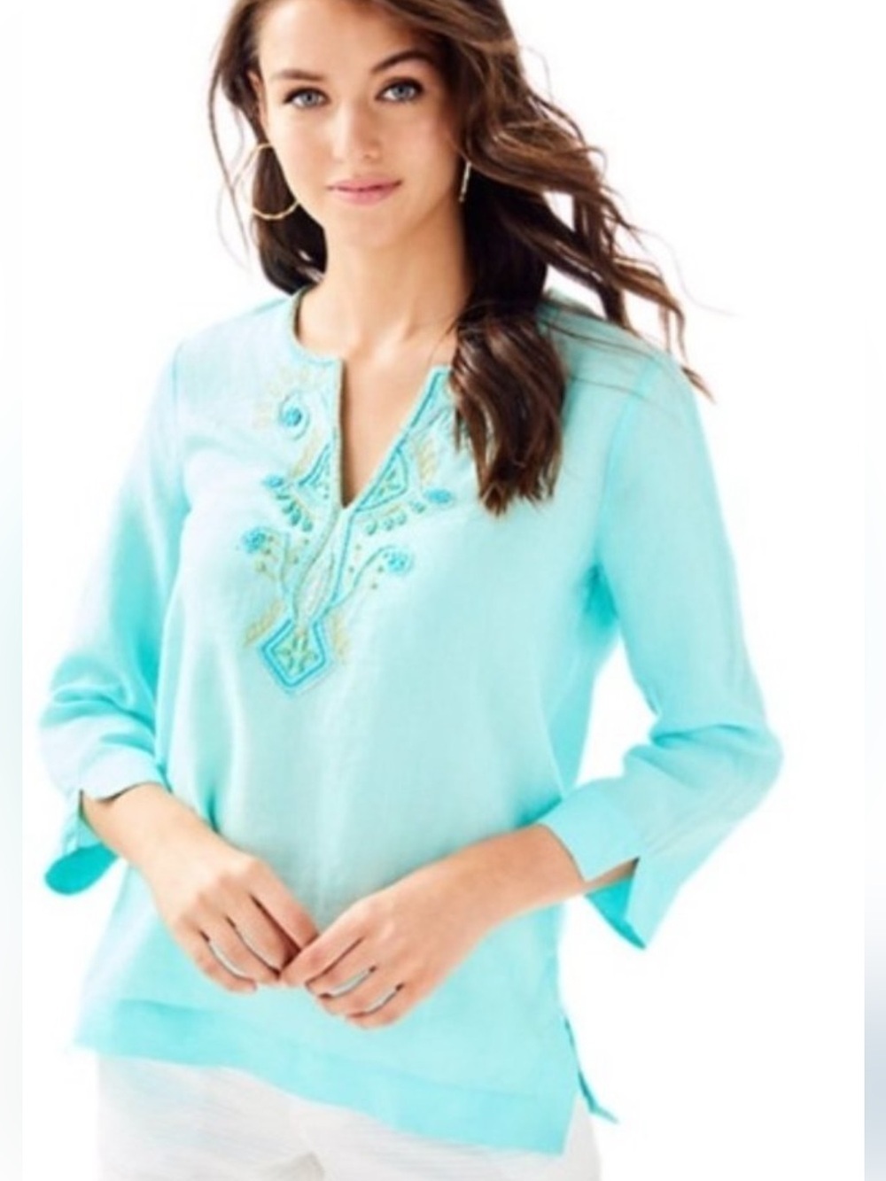 Lilly Pulitzer Amelia Island Seasalt Blue Linen Embroidered V-Neck Tunic